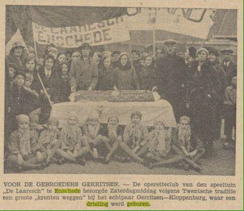 Bentrotstraat 42 krentenwegge voor drieling bij achtpaar Gerritsen-Kloppenburg krantenfoto Tubantia 4-3-1935.jpg