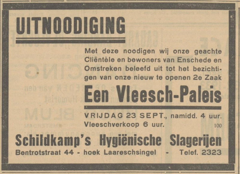 Bentrotstraat 44 Schildkamp,s Hygiënische Slagerijen advertentie Tubantia 22-9-1932.jpg