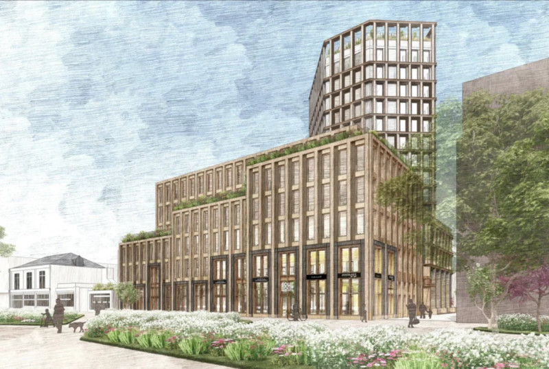 Stationsplein-Enschede-toekomst  herontwikkelingsplan. Met een nieuwe woontoren van 50 meter hoog.jpg