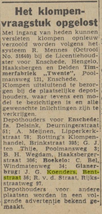 Bentstraat 56 J.G. Koenders klompenmaker advertentie Twentsch nieuwsblad 19-6-1943.jpg