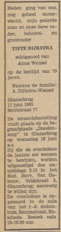 Bentstraat 77 T. Dijkstra overlijdensadvertentie Tubantia 12-6-1965.jpg