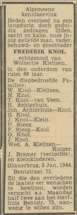 Bentstraat 75 Glanerbrug Frederik Knol overlijdensadvertentie Twentsch nieuwsblad 7-1-1944.jpg