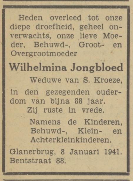 Bentstraat 88 Wed. W. Kroeze-Jongbloed overlijdensadvertentie Tubantia 9-1-1941.jpg