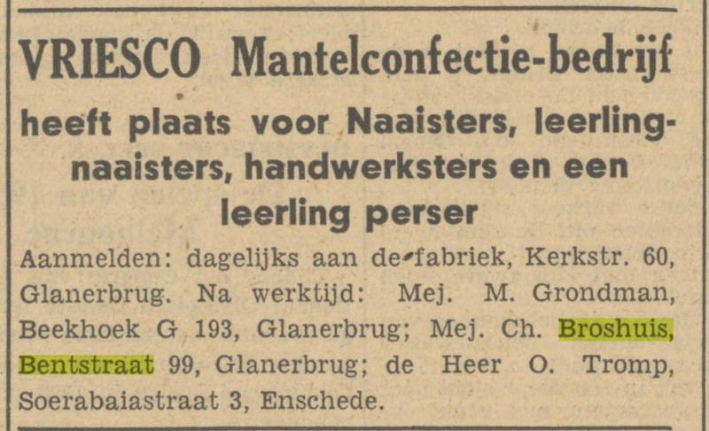 Bentstraat 99 Mej. Ch. Broshuis advertentie Tubantia 29-4-1949.jpg