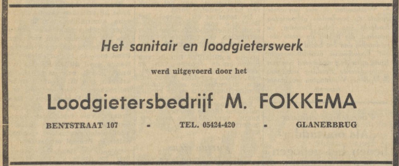 Bentstraat 107 Glanerbug loodgietersbedrijf M. Fokkema advertentie Tubantia 16-9-1960.jpg