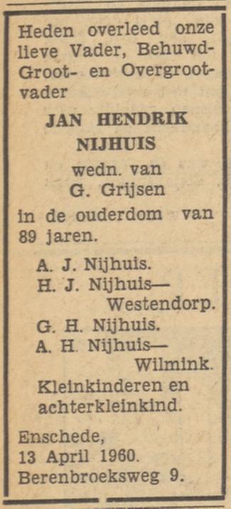 Berenbroekweg 9 J.H. Nijhuis overlijdensadvertentie Tubantia 14-4-1960.jpg