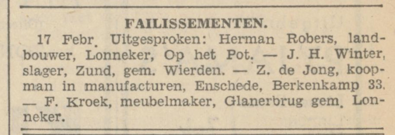 Berkenkamp 33 Z. de Jong koopman in manufacturen krantenbericht Provinciale Overijsselsche en Zwolsche Courant 19-2-1932.jpg