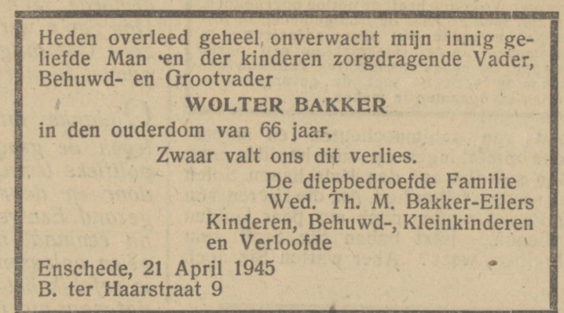 Bernard ter Haarstraat 9 Wolter Bakker overlijdensadvertentie Het Parool 24-4-1945.jpg