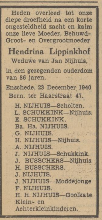 Bernard ter Haarstraat 47 Wed. H. Nijhuis-Lippinkhof overlijdensadvertentie Tubantia 24-12-1940.jpg