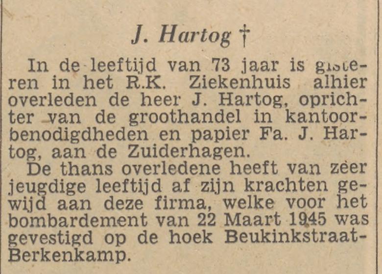 Beukinkstraat 2 hoek Berkenkamp J. Hartog overleden oprichter groothandel in kantoorbenodigjheden krantenbericht Tubantia 19-10-1953.jpg