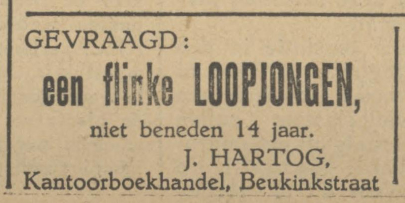 Beukinkstraat 2 kantoorboekhandel J. Hartog advertentie Tubantia 30-10-1926.jpg