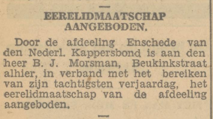 Beukinkstraat 2 B.J. Morsman kapper krantenbericht Tubantia 16-1-1933.jpg