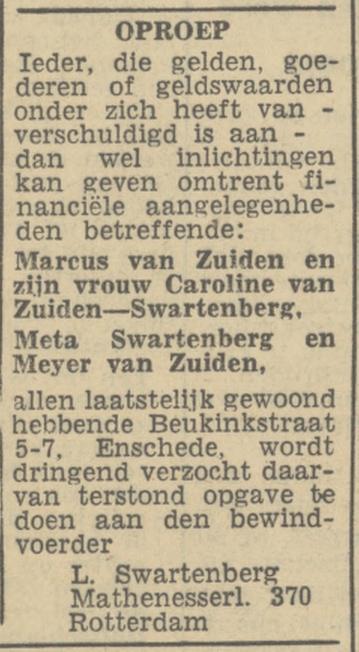 Beukkinkstraat 5-7 M. van Zuiden en M. Swartenberg advertentie Tubantia 25-4-1946.jpg