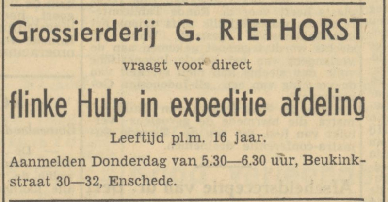 Beukinkstraat 30-32 Grossierderij G. Riethorst advertentie Tubantia 1-6-1949.jpg
