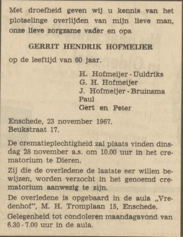 Beukstraat 17 G.H. Hofmeijer overlijdensadvertentie Tubantia 25-11-1967.jpg