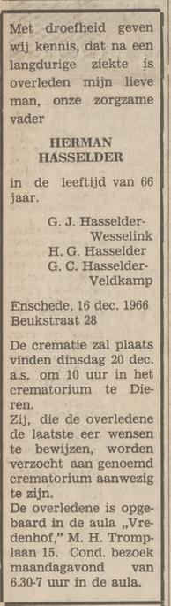Beukstraat 28 Herman Hasselder overlijdensadvertentie Tubantia 17-12-1966.jpg