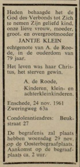 Beukstraat 27 A. de Roode advertentie Gereformeerd gezinsblad 28-11-1961.jpg