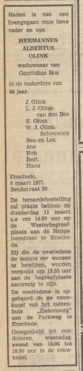 Beukstraat 30 H.A. Olink overlijdensadvertentie Tubantia 8-3-1971.jpg