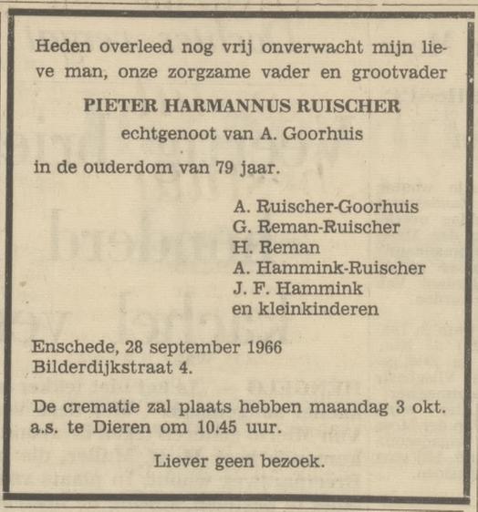 Bilderdijkstraat 4 P.H. Ruischer overlijdensadvertentie Tubantia 29-9-1966.jpg