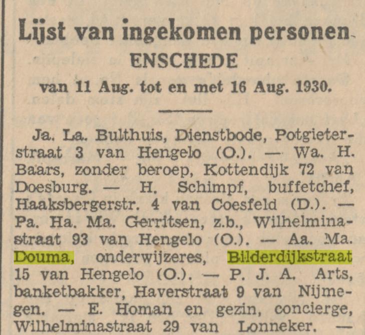 Bilderdijkstraat 15 A.M. Douma onderwijzeres krantenbericht Tubantia 21-8-1930.jpg
