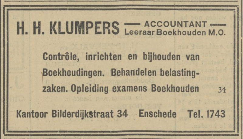 Bilderdijkstraat 34 H.H. Klumpers Accountant Leeeraar Boekhouden MO advertentie Tubantia 10-7-1929.jpg