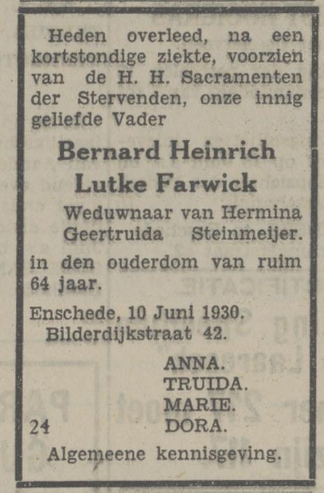 Bilderdijkstraat 42 B.H. Lutke Farwick overlijdensadvertentie Tubantia 11-6-1930.jpg