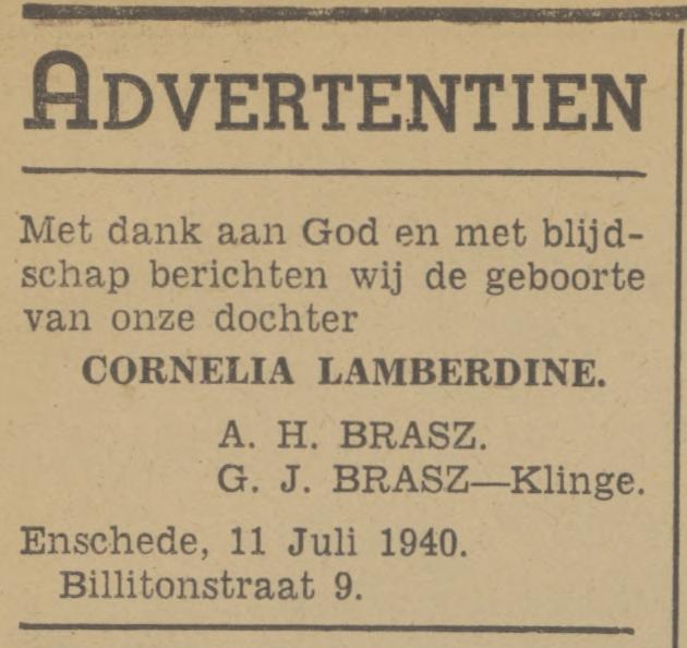 Billitonstraat 9 A.H. Brasz advertentie Tubantia 11-7-1940.jpg