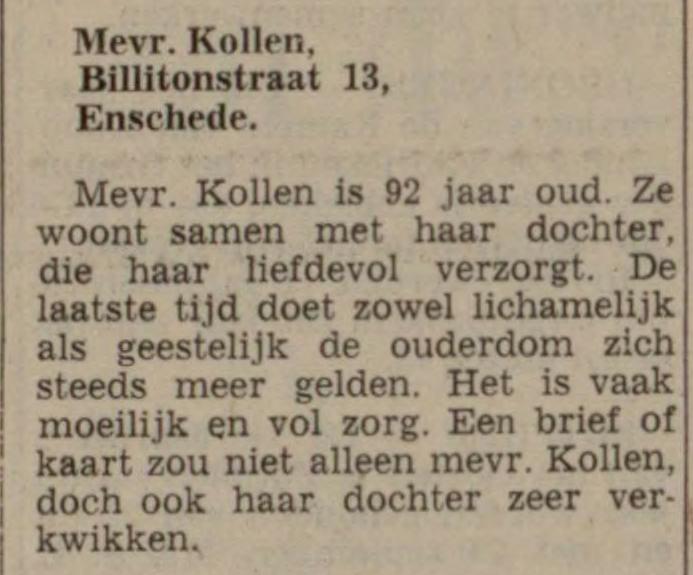 Billitonstraat 13 Mevr. Kollen krantenbericht Gereformeerd gezinsblad 10-9-1971.jpg