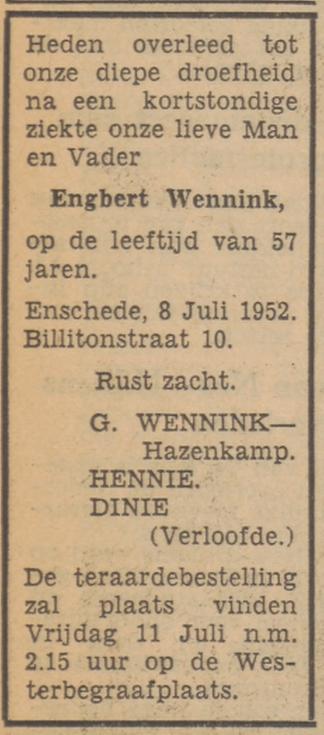 Billitonstraat 10 Engbert Wennink overlijdensadvertentie Tubantia 9-7-1952.jpg