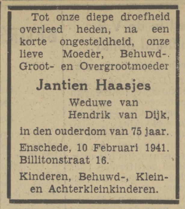Billitonstraat 16 Wed. J, van Dijk-Haasjes overlijdensadvertentie Tubantia 12-2-1941.jpg