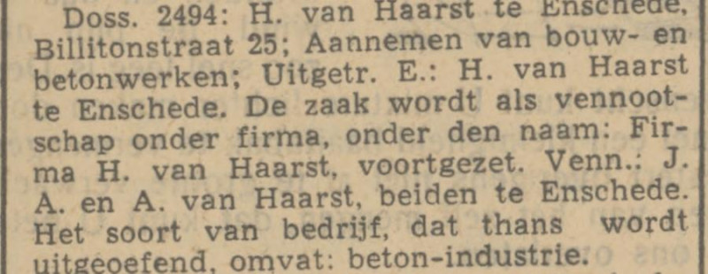 Billitonstraat 25 Fa. H. van Haarst betonindustie krantenbericht Tubantia 24-11-1941.jpg