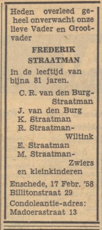 Billitonstraat 29 Frederik Straatman overlijdensadvertentie Tubantia 18-2-1958.jpg