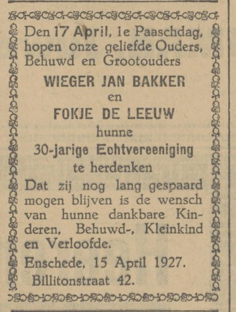 Billitonstraat 42 Wieger Jan Bakker advertentien Tubantia 15-4-1927.jpg