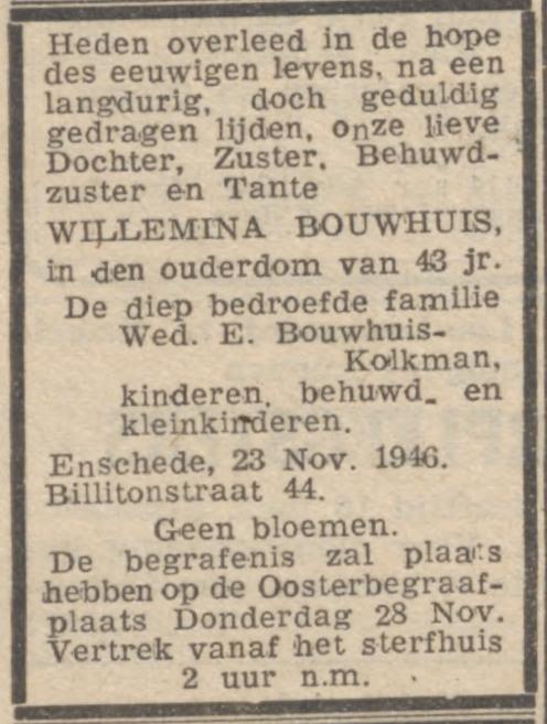 Billitonstraat 44 wed. E. Bouwhuis-Kolkman advertentie Trouw 27-11-1946.jpg