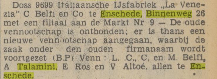 Binnenweg 26 A. Talamini Italiaanse ijsfabriek La Venezia krantenbericht Tubantia 3-5-1938.jpg