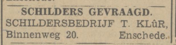 Binnenweg 20 schildersbedrijf Klur advertentie Tubantia 8-9-1942.jpg