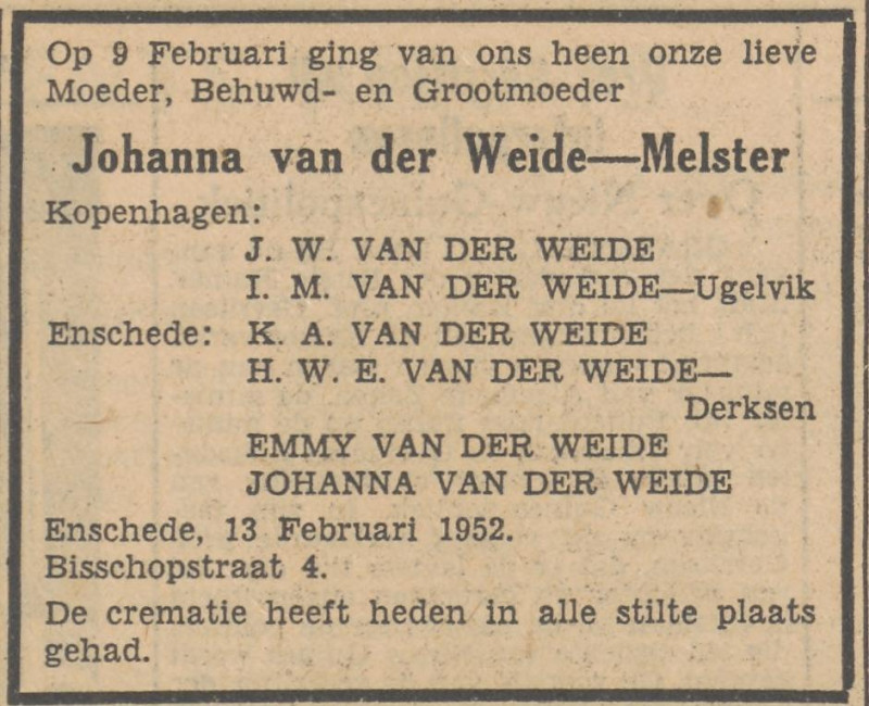 Bisschopstraat 4 Johanna van der Weide-Melster overlijdensadvertentie Tubantia 13-2-1952.jpg