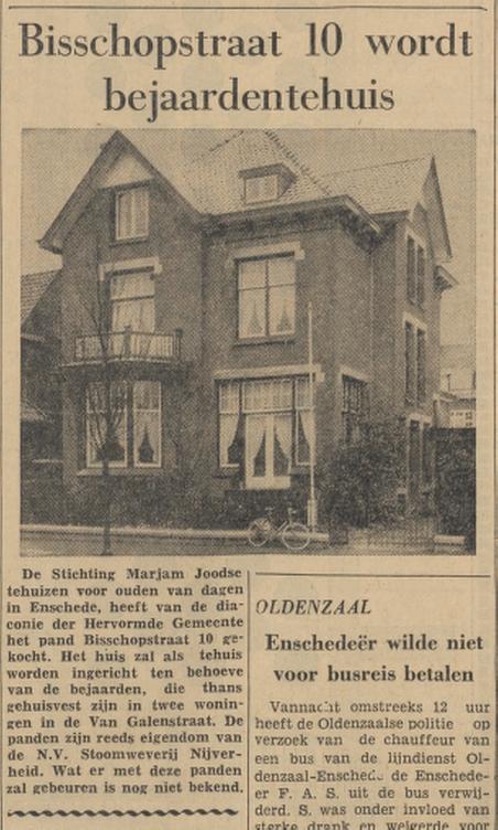 Bisschopstraat 10 wordt bejaardentehuis krantenfoto Tubantia 23-3-1961.jpg