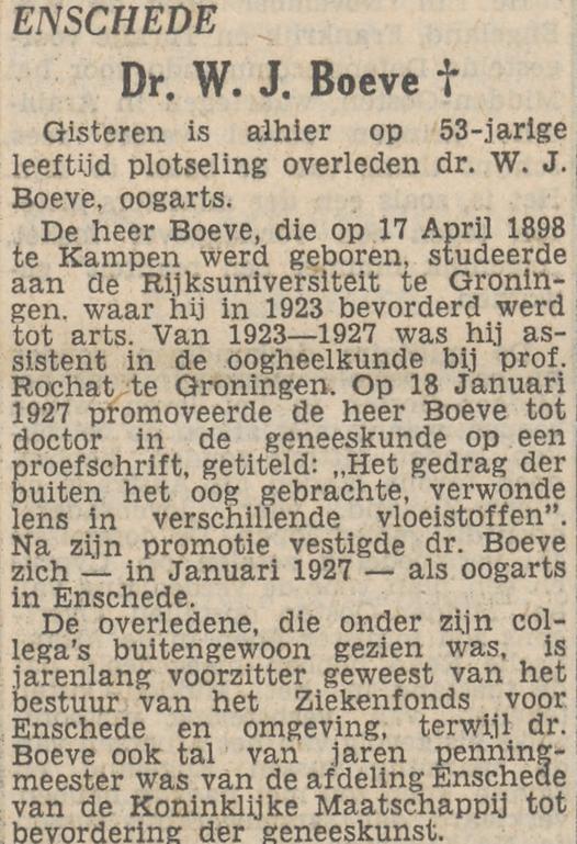 Bisschopstraat 12 Dr. W.J. Boeve oogarts overleden krantenbericht Tubantia 25-2-1952.jpg