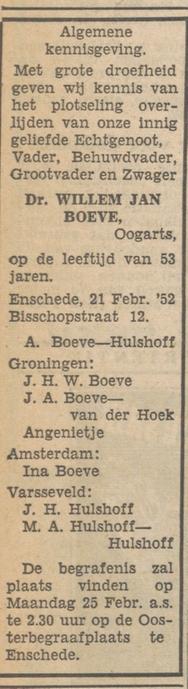 Bisschopstraat 12 Dr. Willem Jan Boeve oogarts overlijdensadvertentie Tubantia 22-2-1952.jpg