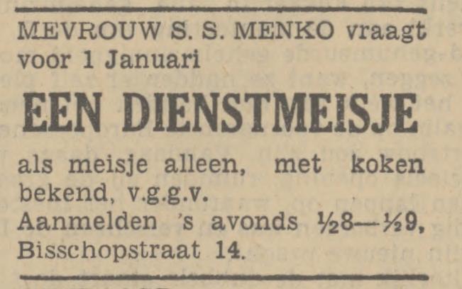 Bisschopstraat 14 Mevr. S.S. Menko advertentie Tubantia 25-11-1938.jpg