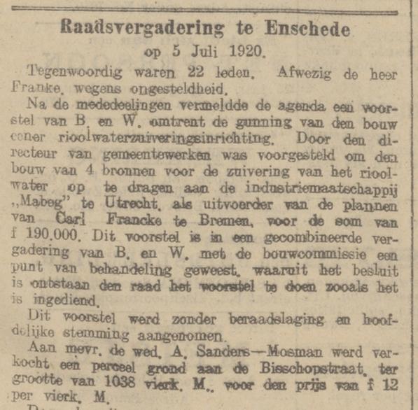 Bisschopstraat 27 Wed. A. Sanders-Mosman krantenbericht Provinciale Overijsselsche Courant 6-7-1920.jpg