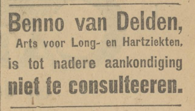 Bisschopstraat 33 Benno van Delden arts voor long- en hartziekten advertentie Tubantia 14-9-1927.jpg