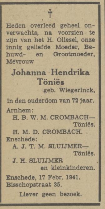 Bisschopstraat 35 J.H. Tönies-Wiegerinck overlijdensadvertentie Tubantia 18-2-1941.jpg