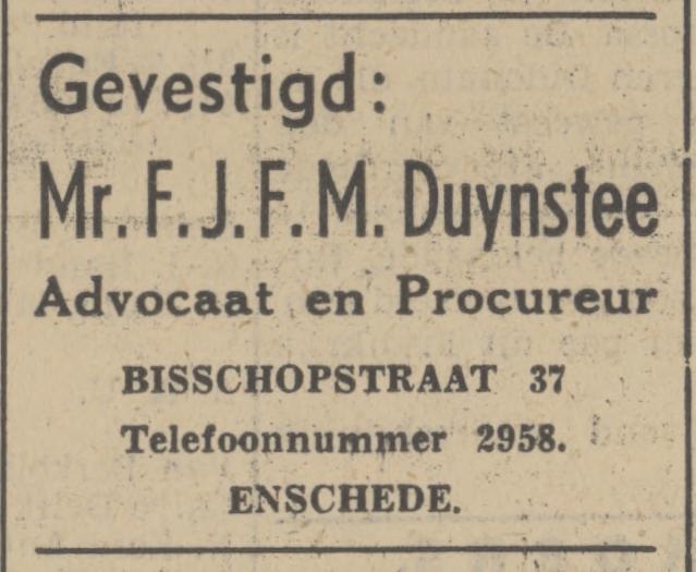 Bisschopstraat 37 Mr. F.J.F.M. Duynstee advertentie Tubantia 19-10-1937.jpg