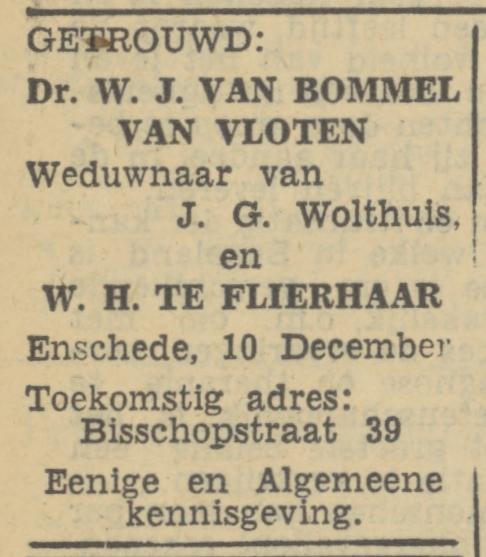 Bisschopstraat 39 Dr. W.J. van Bommel van Vloten advertentie Tubantia 10-12-1946.jpg