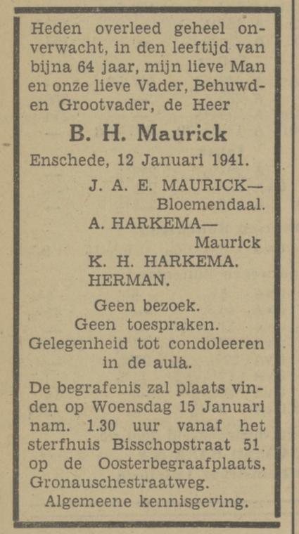 Bisschopstraat 51 B.H. Maurick overlijdensadvertentie Tubantia 13-1-1941.jpg