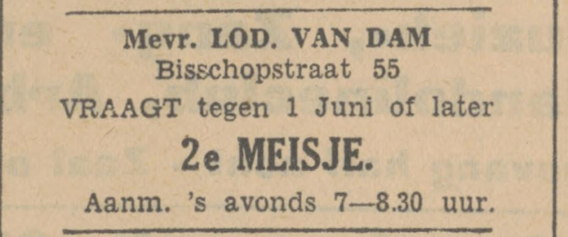 Bisschopstraat 55 Mevr. Lod. van Dam advertentie Tubantia 29-4-1931.jpg