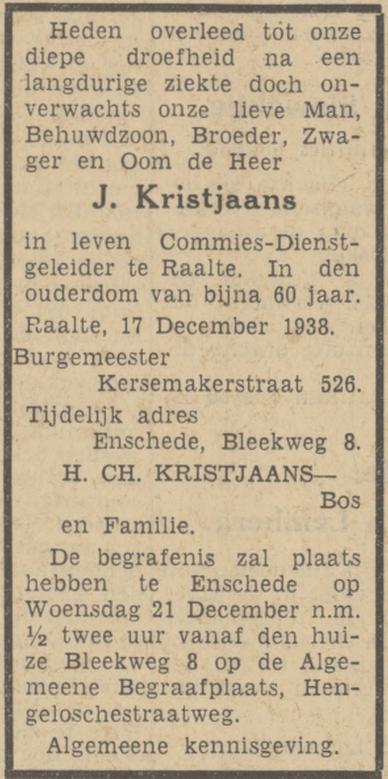 Bleekweg 8 Wed. H.C. Kristjaans-Bos advertentie Tubantia 19-11-1938.jpg