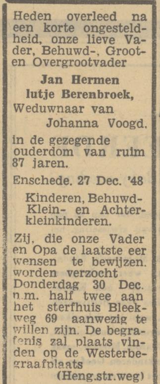 Bleekweg 69 J.H. Lutje Berenbroek overlijdensadvertentie Tubantia 28-12-1948.jpg